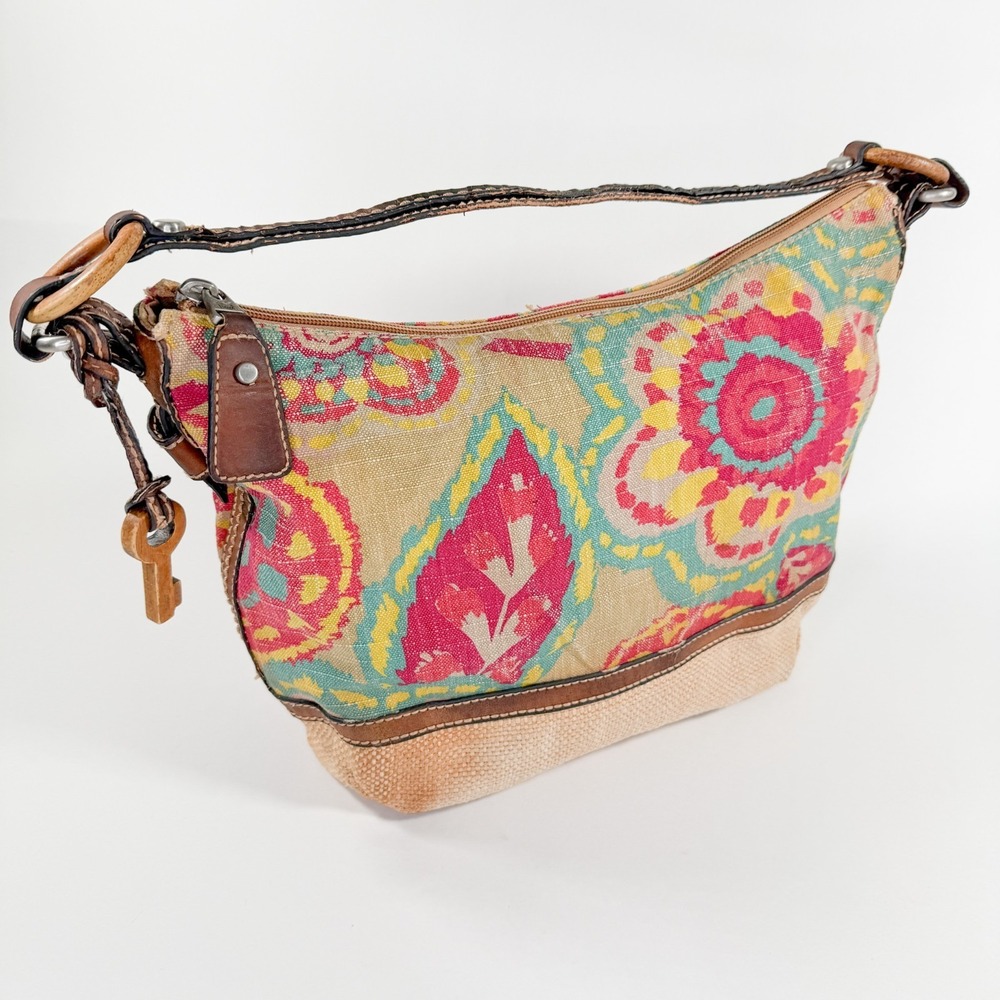Vintage‎ Fossil Boho Canvas Leather Shoulder Bag Floral Wood Key Charm Purse Y2K